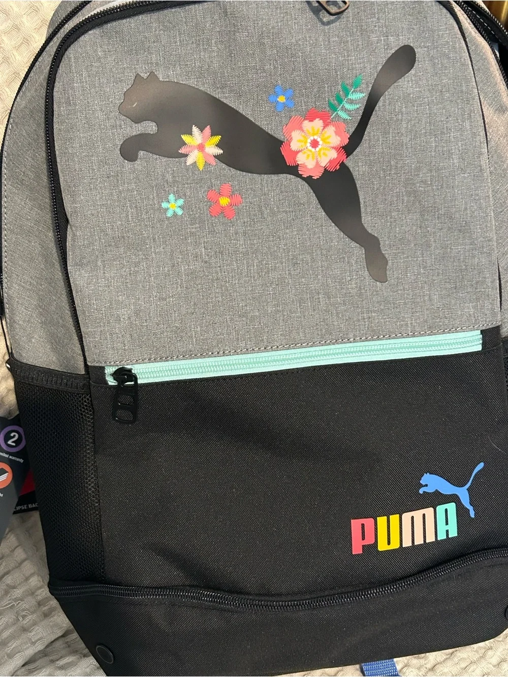 Puma Gray, Black & Mint Backpack with Floral Puma Emblem